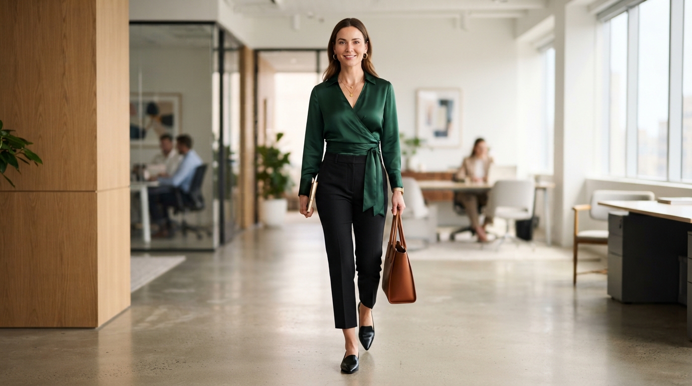 Deep Emerald Green Wrap Top & Tailored Black Cropped Trousers
